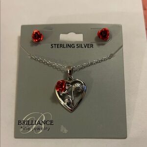 Brilliance Sterling Silver Heart Necklace with Red Rose Accents